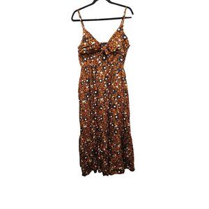Gap Tie Front Cutout Women's L /P Maxi Dress Brown Micro Floral Batik Vibe Beach